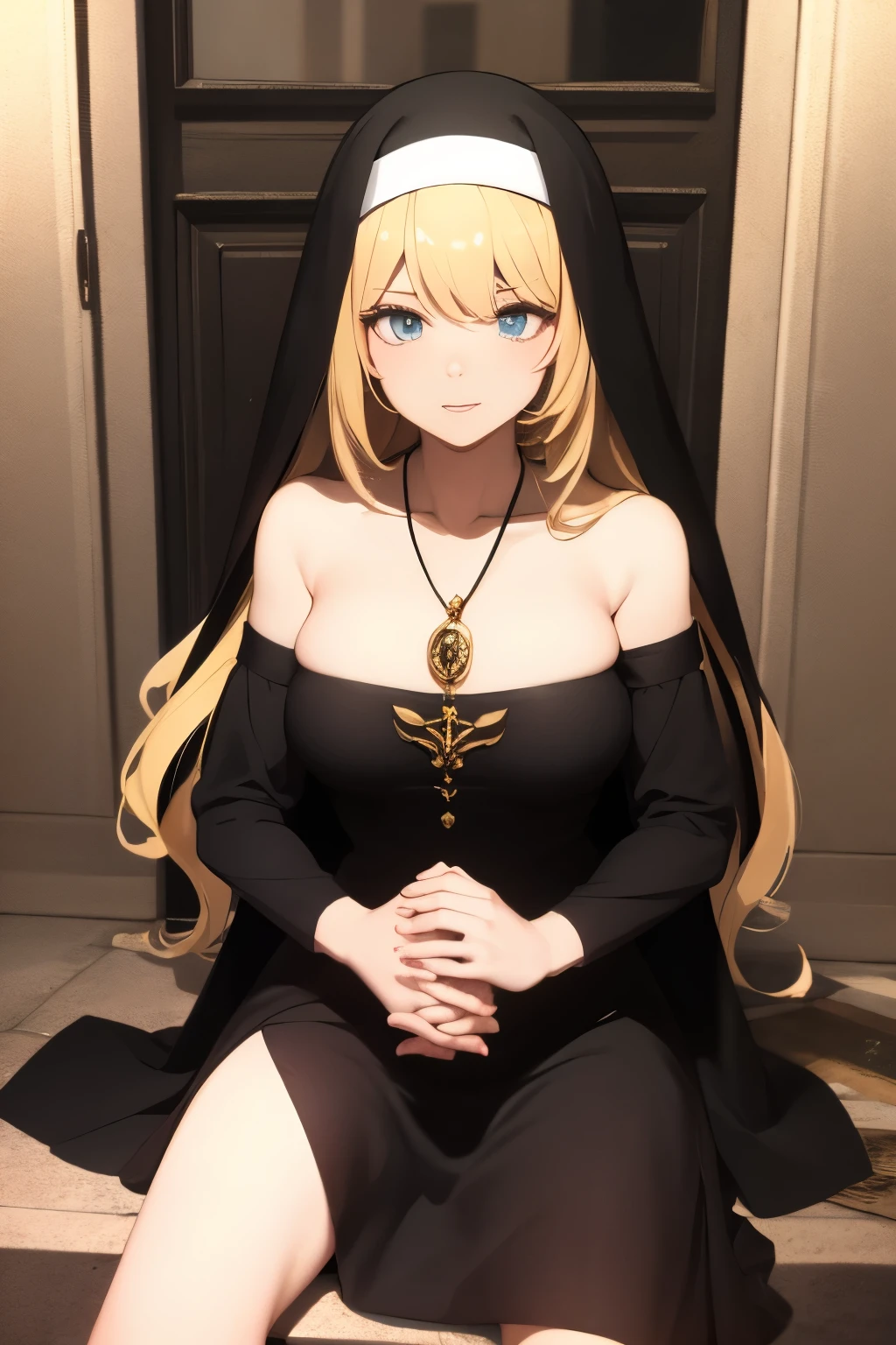 A holy and sweet nun in silver mirrored aviators hands together in prayer inside a desolate and broken dirty building with many rundown filthy beds, Solo, Portrait, Masterpiece, best quality, (Mirrored_Aviators), venusbody, marika, queen marika, blonde hair, LONG HAIR, HABIT, JEWELRY, NECKLACE, DETACHED SLEEVES  black dress, an14