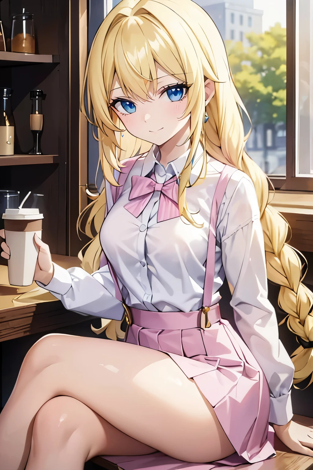 Safe for work, masterpiece, best quality, solo, 1 girl,   (young female body:1.4), ( medium breasts), golden yellow hair, extra long hair, bright yellow hair, blunt bangs, crystal blue eyes, very detailed eyes, sitting in a chair, elegant, smiling, cute girl, cowboy shot, coffee shop, restaurants background, ribbons, pink skirt, light pink skirt with suspenders, pink suspenders, white blouse, long sleeves, open buttons, big bow in hair, crossed legs, braided hair, long braid, one long braid over shoulder, braid over shoulder