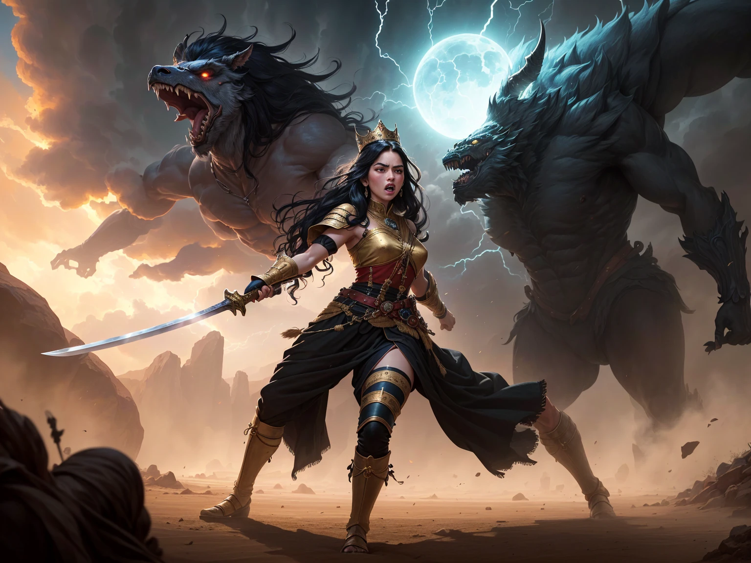 ((best quality)), ((masterpiece)), (detailed), A digital illustration of a furious queen fighting off crowd of monsters with a sword in a desert stormy setting. The woman has long black hair and is wearing a full traditional queen war attire.