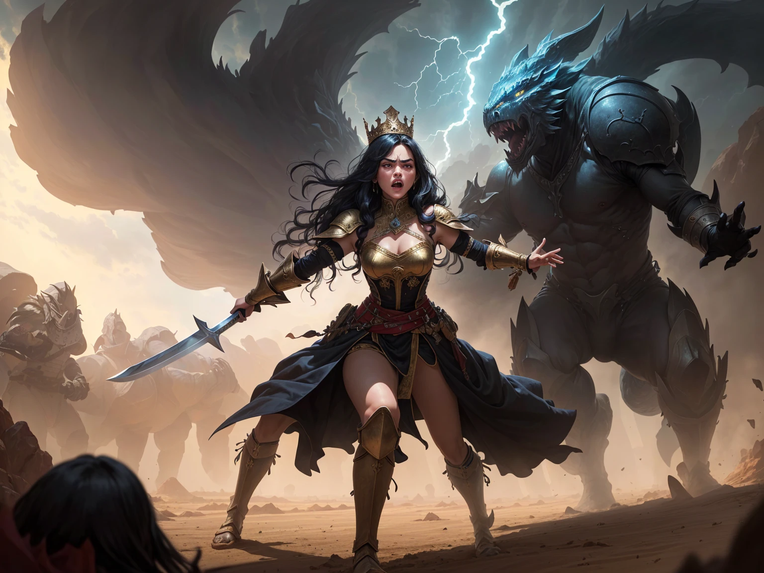 ((best quality)), ((masterpiece)), (detailed), A digital illustration of a furious queen fighting off crowd of monsters with a sword in a desert stormy setting. The woman has long black hair and is wearing a full traditional queen war attire.