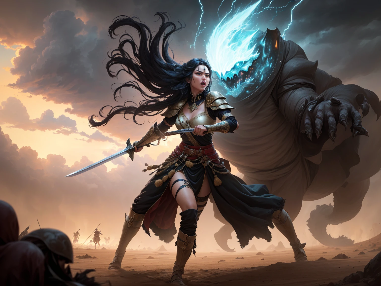 ((best quality)), ((masterpiece)), (detailed), A digital illustration of a furious queen fighting off crowd of monsters with a sword in a desert stormy setting. The woman has long black hair and is wearing a full traditional queen war attire. 