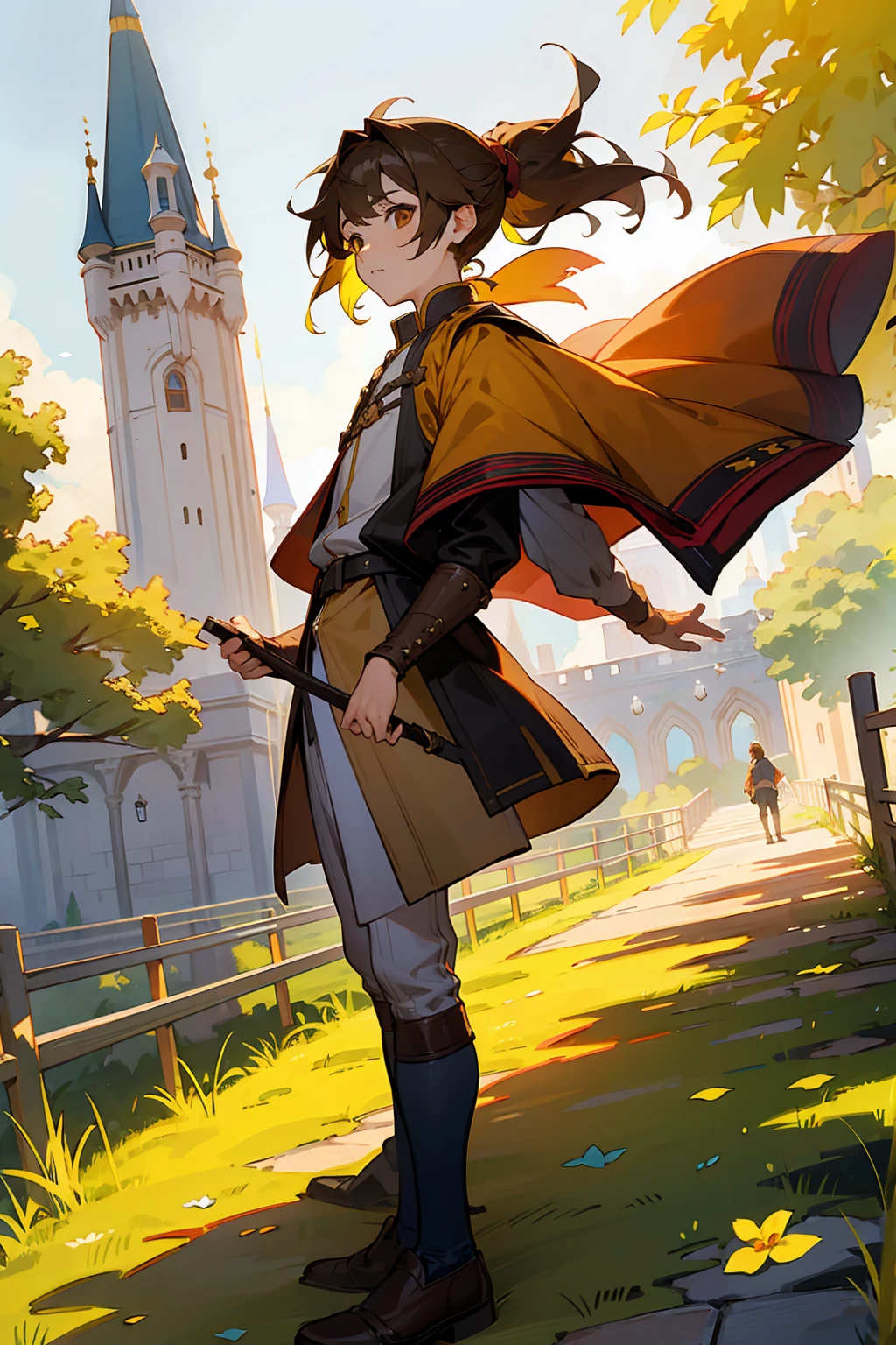 1male, Young Adult, Brown Eyes, Brown Hair, Inner Colored Yellow Hair, Multicolored Hair, Short Hair, Castle, Standing on Path, Sunny Day, Medieval Clothes, Ponytail