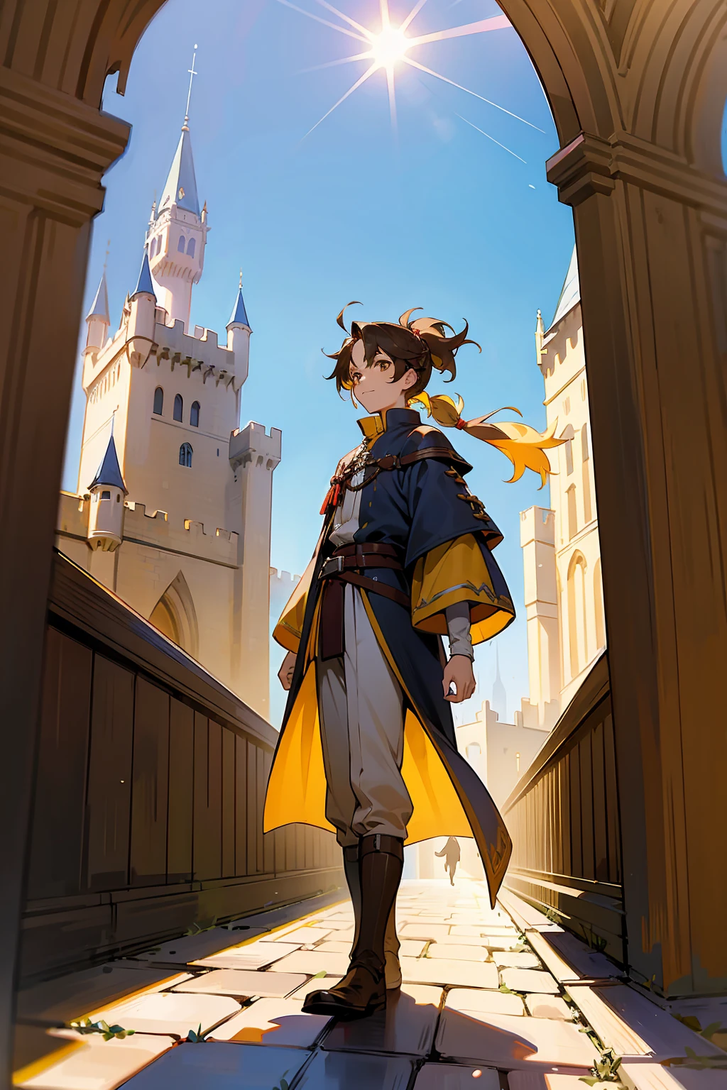 1male, Adult, Brown Eyes, Brown Hair, Inner Colored Yellow Hair, Multicolored Hair, Short Hair, Castle, Standing on Path, Sunny Day, Medieval Clothes, Ponytail