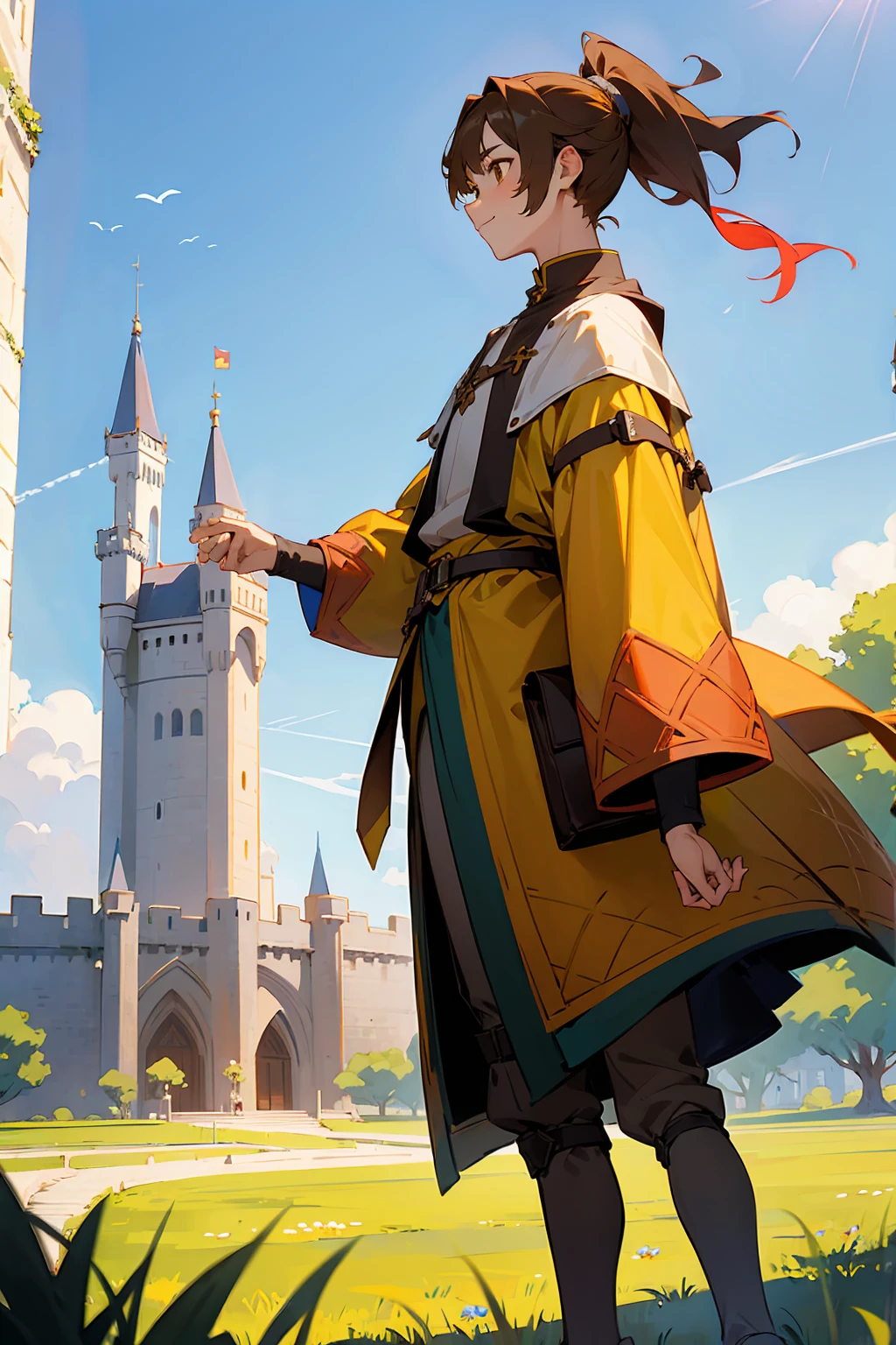 1male, Young Adult, Brown Eyes, Brown Hair, Inner Colored Yellow Hair, Multicolored Hair, Short Hair, Castle, Standing on Path, Sunny Day, Medieval Clothes, Ponytail