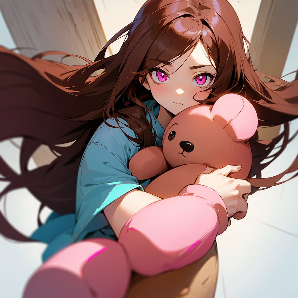 Create an anime style image of a character with pink eyes and brown hair, she holds a teddy bear, her hair is long, make her small 