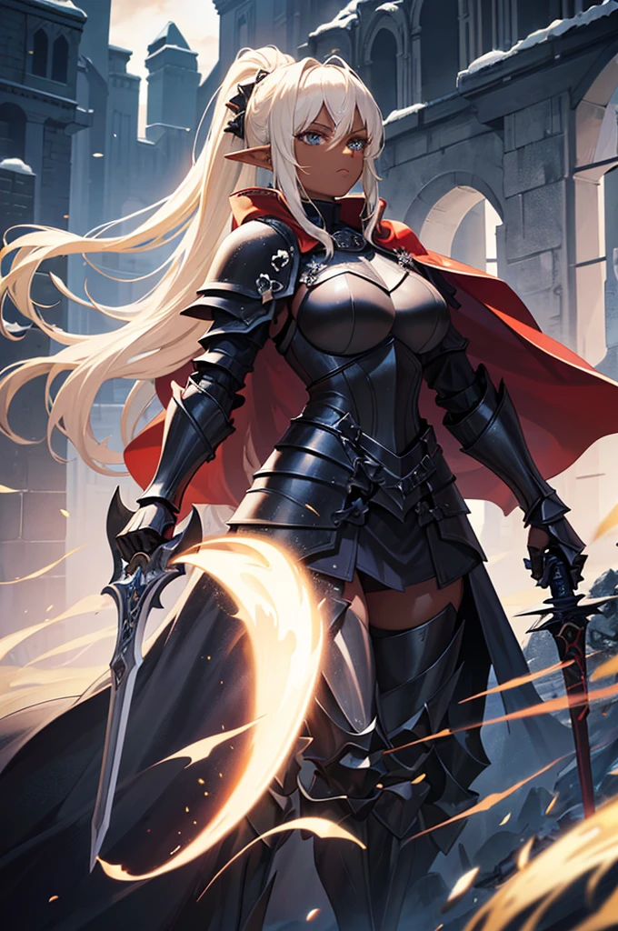 Beautiful images,Detailed Images,Official image,A woman wielding a sword,Blonde,Blue Eyes,Ponytail Hair,Model body type,(Dark Skin:1.3),Elf Ears,Large Breasts,(Decorated Black Knight Heavy Armor,Black Gauntlet,Red Cape:1.3),