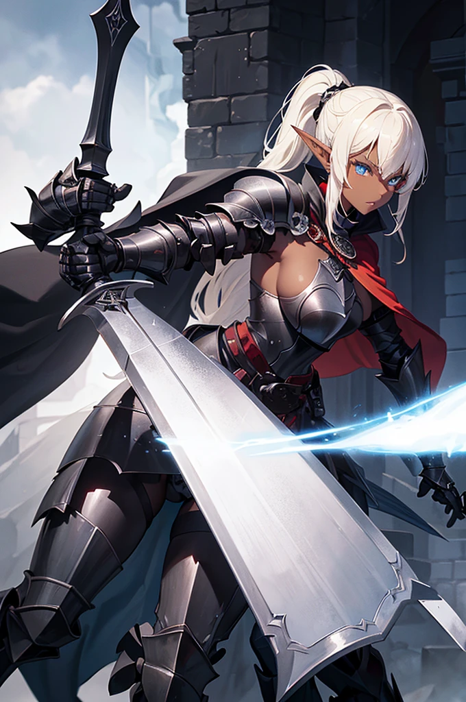 Beautiful images,Detailed Images,Official image,A woman wielding a sword,Blonde,Blue Eyes,Ponytail Hair,Model body type,(Dark Skin:1.3),Elf Ears,Large Breasts,(Decorated Black Knight Heavy Armor,Black Gauntlet,Red Cape:1.3),