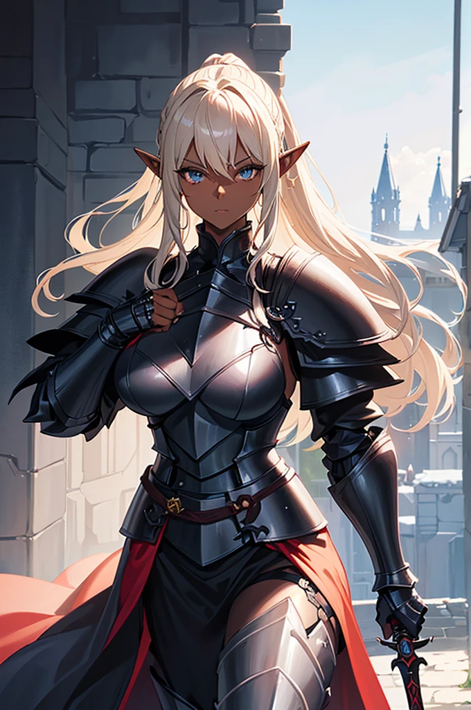 Beautiful images,Detailed Images,Official image,One Woman,Blonde,Blue Eyes,Ponytail Hair,Dark Skin:1.3,Elf Ears,Black Knight Heavy Armor,Red Cape,Carry a sheathed sword on your waist
