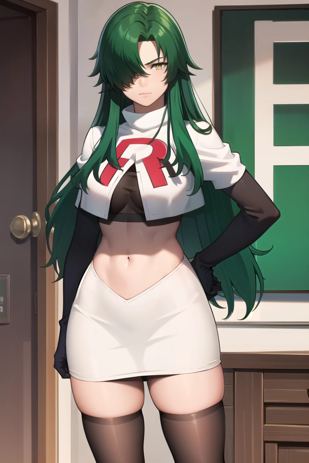 photorealistic, (4k), depth of field, (Masterpiece), (realistic skin texture), extremely detailed, intricate, hyper detailed, professional photography, bokeh, high resolution, sharp detail, best quality, woman, long hair, green hair, yellow eyes, hair covering one eye, team rocket,team rocket uniform,white skirt,red letter R,crop top,black thigh-highs,black elbow gloves, muscular female,