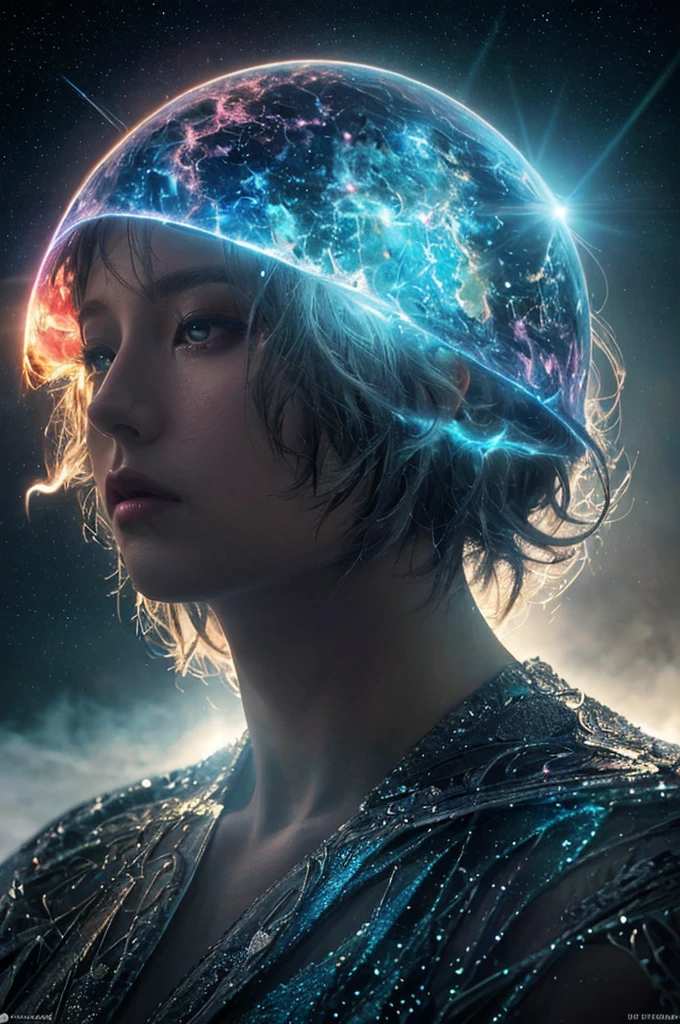 Digital art, image, hyper-detailed, complex composition, masterpiece, close-up, glow, abstract, surrealism, detailed, otherworldly, fantasy, soft pastel, natural volume, light, atmospheric , sharp focus, centered composition, professional photography, complex background, soft haze, sun rays, masterpiece. animalistic, beautiful, mysterious, blame supernova