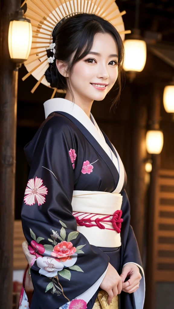 (Super beautiful woman in kimono)、((highest quality、8K masterpiece:1.3))、sharp focus:1.2、(super beautiful face:1.0)、(shiny skin:1.0)、realistic pictures、black hair、video lighting、High resolution eyes and face、video lighting、japanese actress、from the front、with a happy smile、whole body、wearing a kimono、in Kyoto、(luxury obi)、with a fan、Fireworks Display