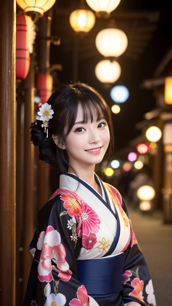 (Super beautiful woman in kimono)、((highest quality、8K masterpiece:1.3))、sharp focus:1.2、(super beautiful face:1.0)、(shiny skin:1.0)、realistic pictures、black hair、video lighting、High resolution eyes and face、video lighting、japanese actress、from the front、with a happy smile、whole body、wearing a kimono、in Kyoto、(luxury obi)、with a fan、Fireworks Display