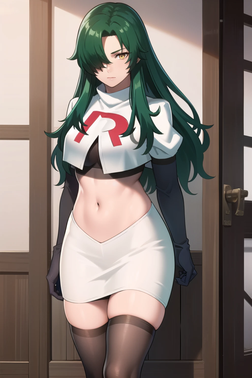 photorealistic, (4k), depth of field, (Masterpiece), (realistic skin texture), extremely detailed, intricate, hyper detailed, professional photography, bokeh, high resolution, sharp detail, best quality, woman, long hair, green hair, yellow eyes, hair covering one eye, team rocket,team rocket uniform,white skirt,red letter R,crop top,black thigh-highs,black elbow gloves, muscular female,