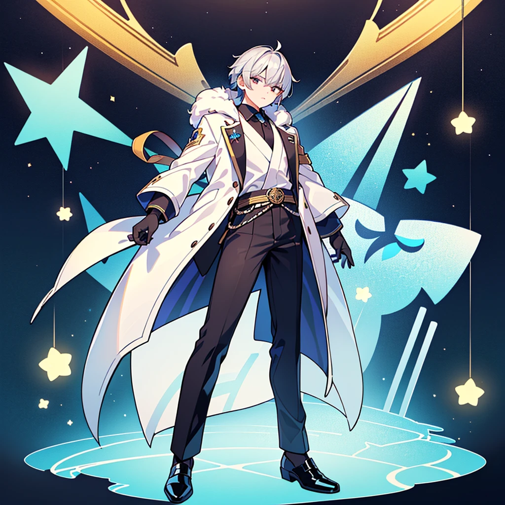 ((Highest quality,masterpiece,Extremely sophisticated details,Full body picture of a handsome Korean-style man with short silver hair,Holding a big three-dimensional star in hand,Wearing a boss's formal short black suit without tie and high collar,singer)),Extremely mature and handsome,super handsome guy,Small silver jewelry decoration,Gorgeous stage background,Q version