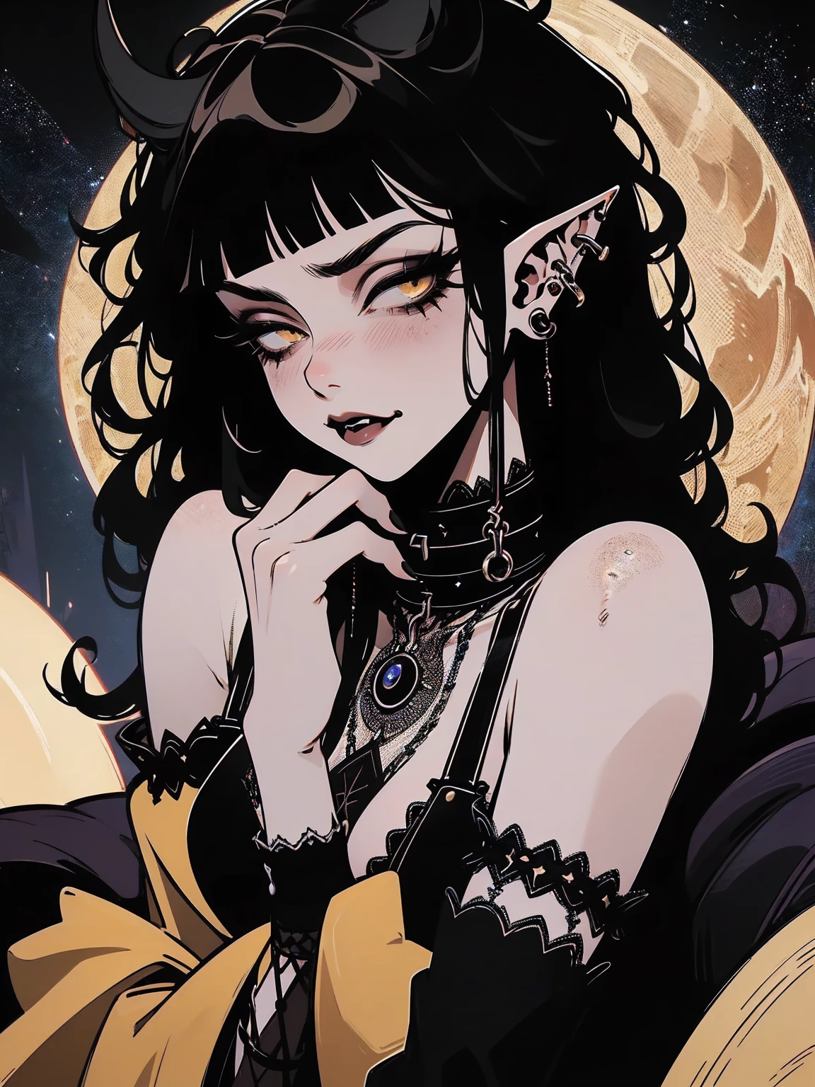 high détail, work of art, dramatic lighting(absurderes, high resolution, ultra detaild), extremely detailed 8k CG unit. mature face, adult Woman, Woman, mature Woman, elf, piercings, Short Wavy Black Hair and Bangs, (black hair), fangs, yellow eyes, modest black clothes, mad expression, whole body, sitting on the ground