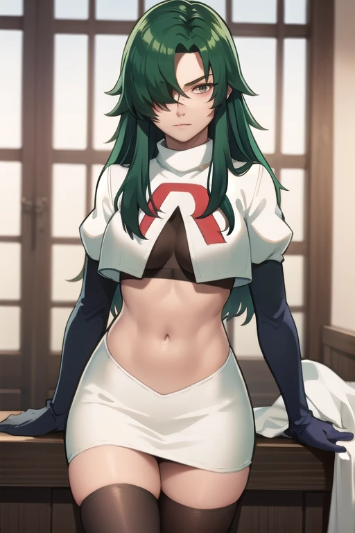 photorealistic, (4k), depth of field, (Masterpiece), (realistic skin texture), extremely detailed, intricate, hyper detailed, professional photography, bokeh, high resolution, sharp detail, best quality, woman, long hair, green hair, yellow eyes, hair covering one eye, team rocket,team rocket uniform,white skirt,red letter R,crop top,black thigh-highs,black elbow gloves, muscular female,
