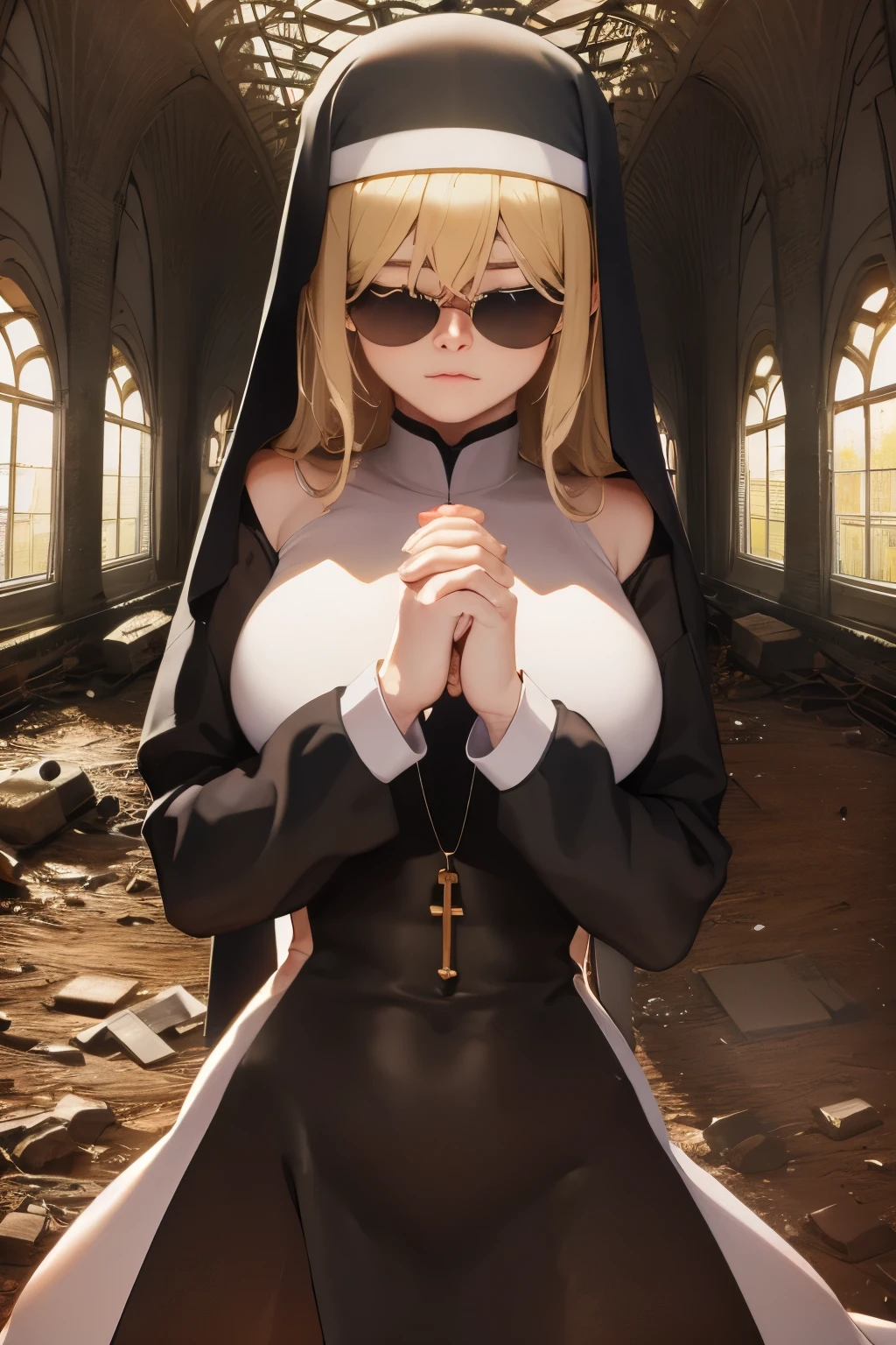 A holy and sweet nun in a mirrored aviators hands together in prayer inside a desolate and broken dirty building with many rundown filthy beds, Solo, Portrait, Masterpiece, best quality, (Mirrored_Aviators), marika, queen marika, black dress