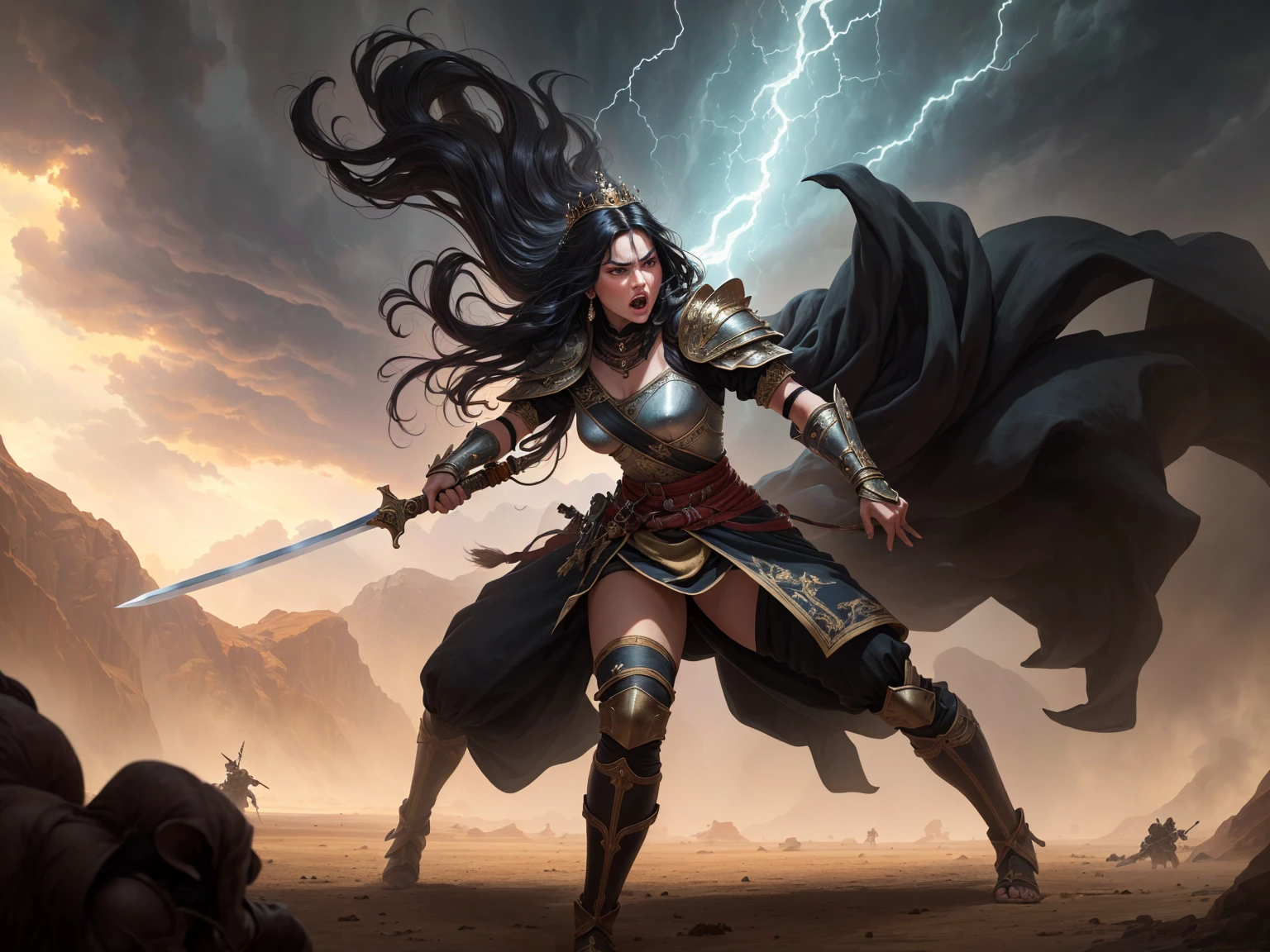 ((best quality)), ((masterpiece)), (detailed), A digital illustration of a furious queen fighting off crowd of monsters with a sword in a desert stormy setting. The woman has long black hair and is wearing a full traditional queen war attire. 