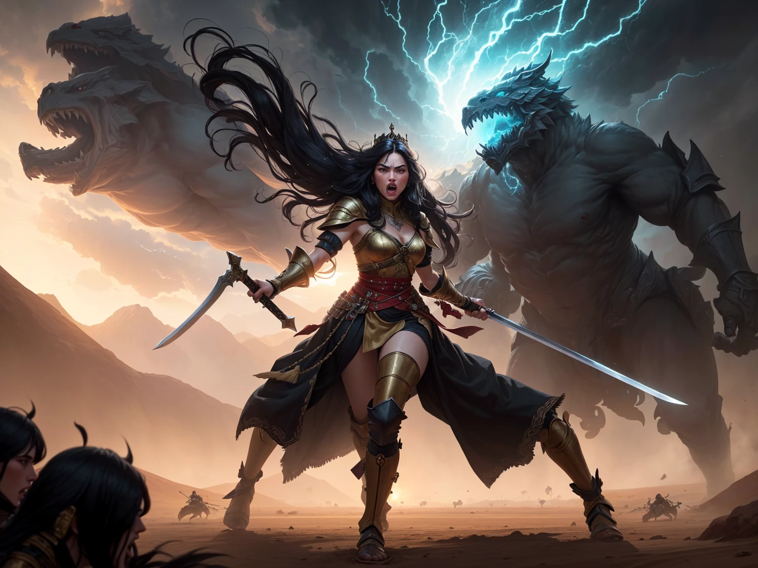 ((best quality)), ((masterpiece)), (detailed), A digital illustration of a furious queen fighting off crowd of monsters with a sword in a desert stormy setting. The woman has long black hair and is wearing a full traditional queen war attire.