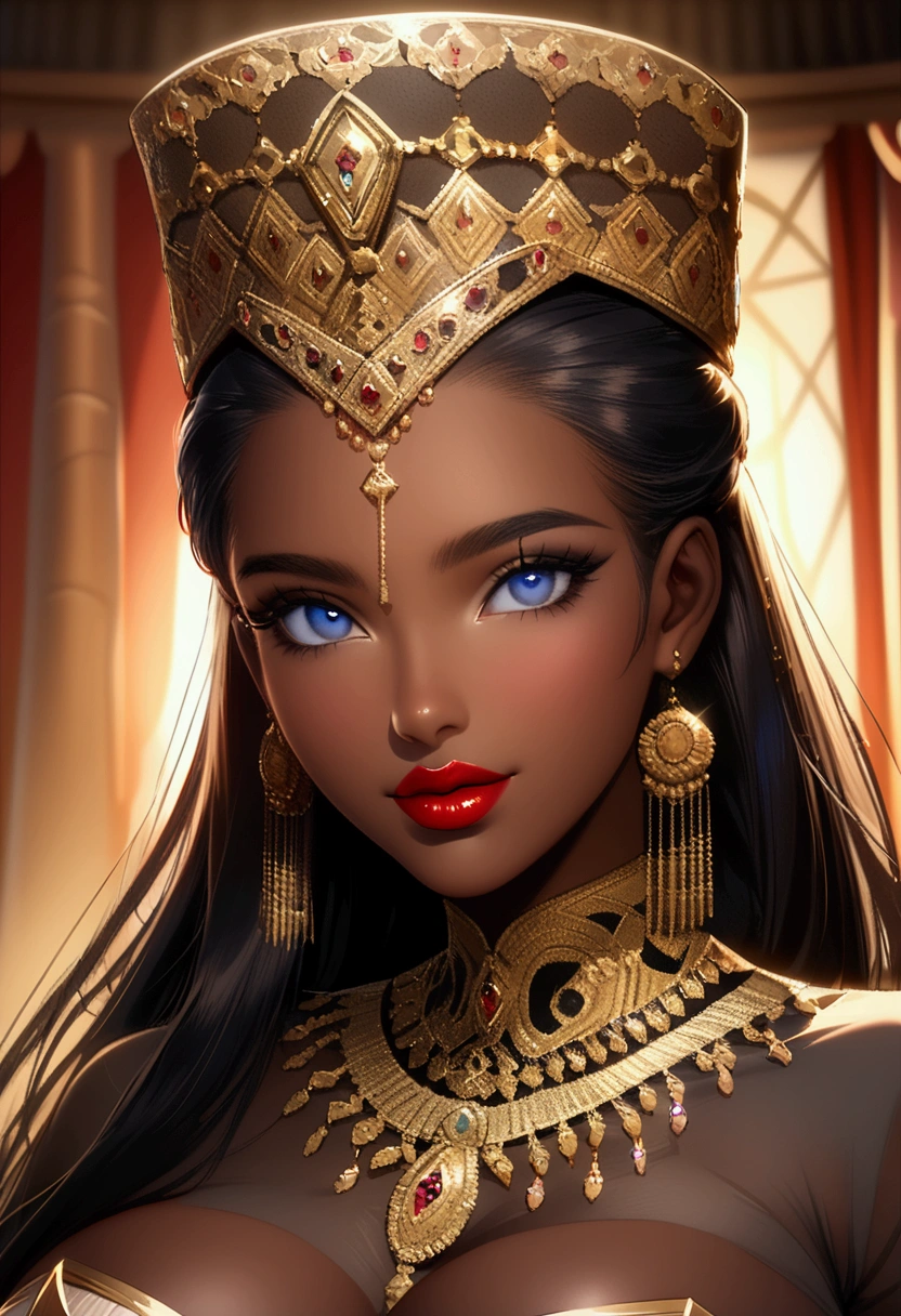 An ebony African (((young woman))) with (((perfect eyes))) and (((red lips))) is seated on a bed, showcasing her (((perfect face))) and ((long hair)). She is wearing a ((see-through robe)), captured in a portrait style reminiscent of (((Aleksander Gierymski))). The composition focuses on her beauty, highlighting her ((giant breasts)) in a close-up view, creating a striking image that exudes elegance and allure. ((Ebony, African, portrait, beauty, elegance, allure, close-up))