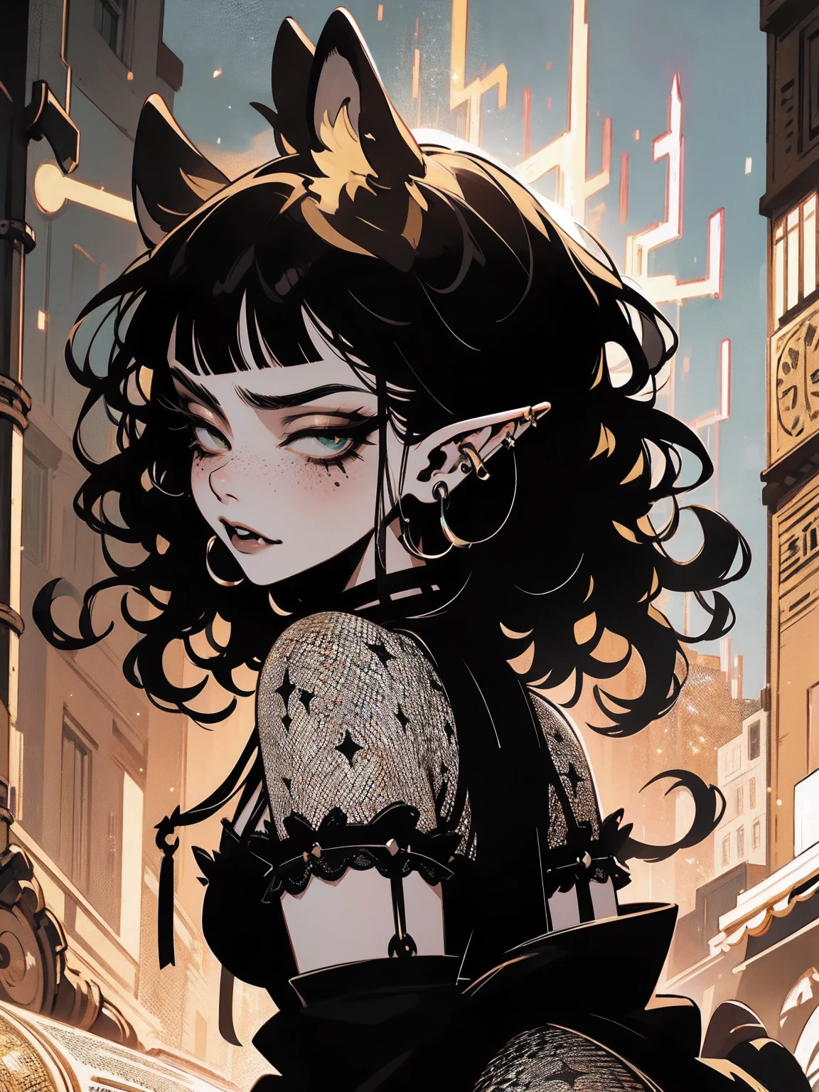 high détail, work of art, dramatic lighting(absurderes, high resolution, ultra detaild), extremely detailed 8k CG unit. mature face, adult Woman, Woman, mature Woman, elf, piercings, Short Wavy Black Hair and Bangs, (black hair), fangs, freckles, yellow eyes, modest black clothes, mad expression, whole body, backwards, looking back