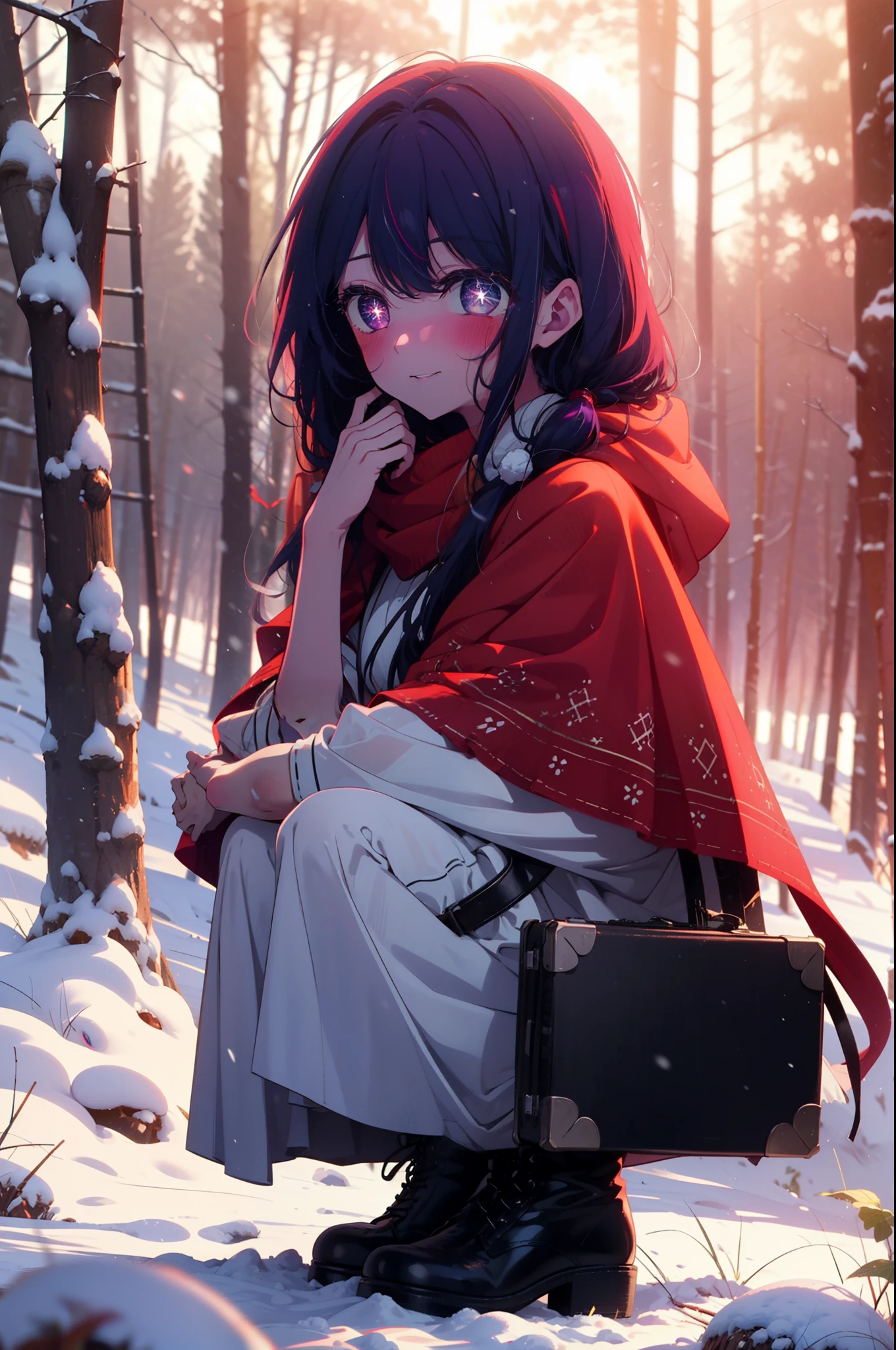 aihoshino, Ai Hoshino, Long Hair, bangs, (Purple eyes:1.1), Purple Hair, (Symbol-shaped pupil:1.5), smile,,smile,blush,white breath,
Open your mouth,snow,Ground bonfire, Outdoor, boots, snowing, From the side, wood, suitcase, Cape, Blurred, , forest, White handbag, nature, Squat, Mouth closed, Cape, winter, Written boundary depth, Black shoes, red Cape break looking at viewer, Upper Body, whole body, break Outdoor, forest, nature, break (masterpiece:1.2), Highest quality, High resolution, unity 8k wallpaper, (shape:0.8), (Beautiful and beautiful eyes:1.6), Highly detailed face, Perfect lighting, Extremely detailed CG, (Perfect hands, Perfect Anatomy),