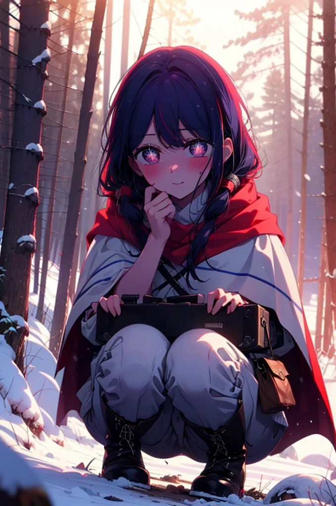 aihoshino, Ai Hoshino, Long Hair, bangs, (Purple eyes:1.1), Purple Hair, (Symbol-shaped pupil:1.5), smile,,smile,blush,white breath,
Open your mouth,snow,Ground bonfire, Outdoor, boots, snowing, From the side, wood, suitcase, Cape, Blurred, , forest, White handbag, nature,  Squat, Mouth closed, Cape, winter, Written boundary depth, Black shoes, red Cape break looking at viewer, Upper Body, whole body, break Outdoor, forest, nature, break (masterpiece:1.2), Highest quality, High resolution, unity 8k wallpaper, (shape:0.8), (Beautiful and beautiful eyes:1.6), Highly detailed face, Perfect lighting, Extremely detailed CG, (Perfect hands, Perfect ???????),