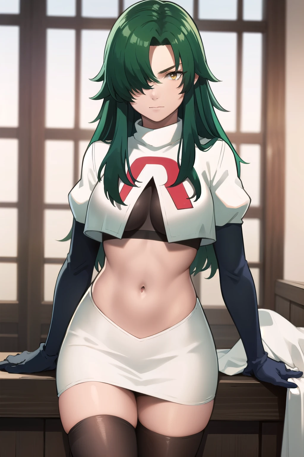 photorealistic, (4k), depth of field, (Masterpiece), (realistic skin texture), extremely detailed, intricate, hyper detailed, professional photography, bokeh, high resolution, sharp detail, best quality, woman, long hair, green hair, yellow eyes, hair covering one eye, team rocket,team rocket uniform,white skirt,red letter R,crop top,black thigh-highs,black elbow gloves, muscular female,