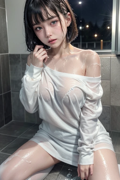 high quality, detailed,a girl with white water drops on her face.she is taking a shower,lots of white water droplets.(at night:2.0),green eyes.she is  japanese bitch gal,prostitute,in the shower room,she has a mole under her eye,((smallest breasts:0)),(wearing long sleeve white oversized t-shirt dress,offshoulder,very very wet thin fabric shirt,),blunt bangs,((bob hair,very wet hair and wet face,shiny face)),((wearing overknee socks)),slender,face up,nipples,temptation,orgasm,