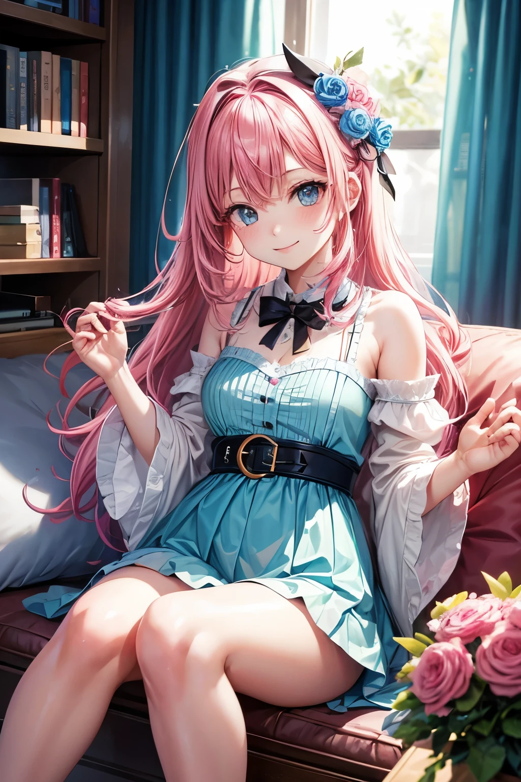 Anime illustrations in the style of "Kyoto Animation", highest quality, (cute: 1.1), (cute), (high resolution: 1.2), incredibly ridiculous: 1.3, incredibly fine illustrations, break 1 beautiful girl, Solo,Small Horns, Short Hair, Big Eyes, Ω, Closed Mouth, Colorful and Bold Corset Mini Dress:1.5,D Couple Cute Bikini, Twine Buns, (Pink Kawaii Room),(Pink Gothic Room),(Messy Room, Marchen,Ribbon,Star Item,Small Window, (heterochromia, light blue eyes and light green eyes),silhouette of star eyes, solo, standing figure, happy, :d, princess eyes, big breasts, break,braid, light pink hair, semi-long hair, red ribbon at the end of braid, sitting at desk, side angle, looking at pc, looking at iphone, office, worried