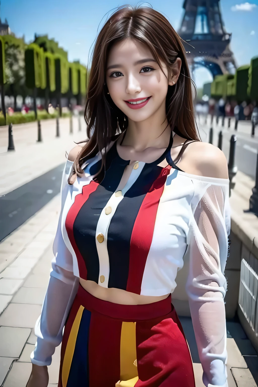 (((Spanish flag-inspired costume:1.3))),(),(((smile:1.3))),(((Women supporting the Paris Olympics:1.3))),(((International flags on the streets of Paris))),(((Eiffel Tower in the background))),(((The Seine in the background))),masterpiece,Highest quality,Ultra-high resolution output images,Write Boundary Depth,Intricate details,Add depth to your subject with contrast between light and shadow,Anatomically correct facial structure),(Picture Mode Ultra HD,)