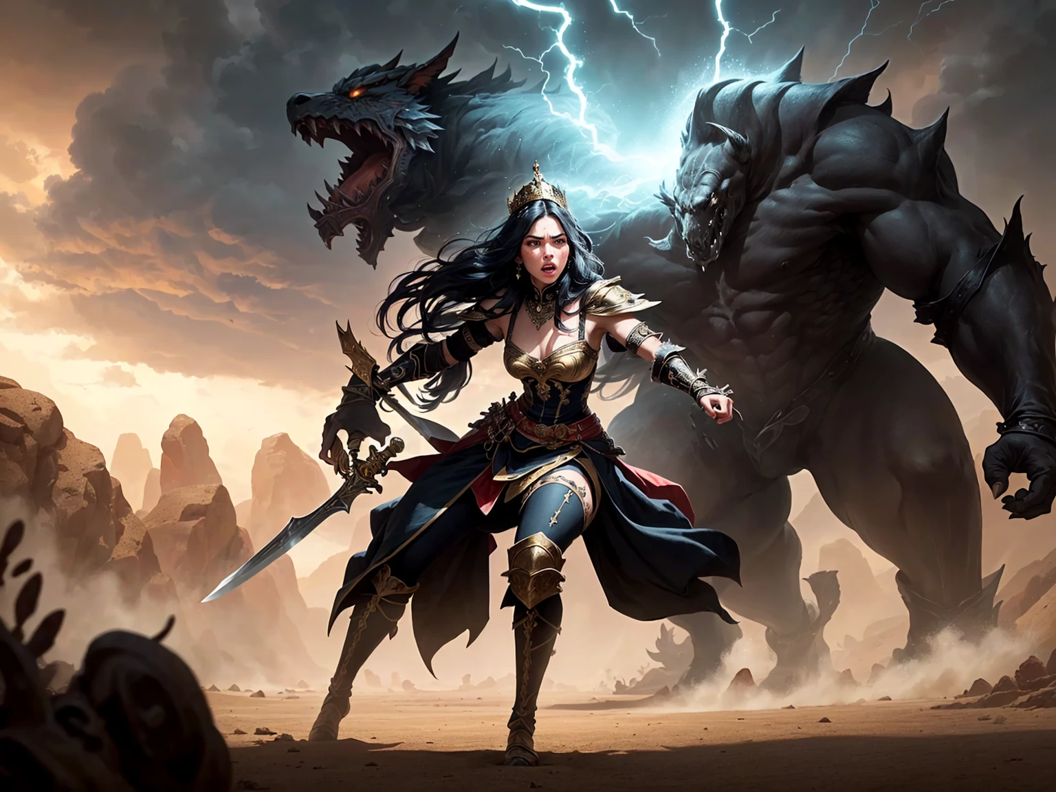 ((best quality)), ((masterpiece)), (detailed), A digital illustration of a furious queen fighting off crowd of monsters with a sword in a desert stormy setting. The woman has long black hair and is wearing a full traditional queen war attire. 