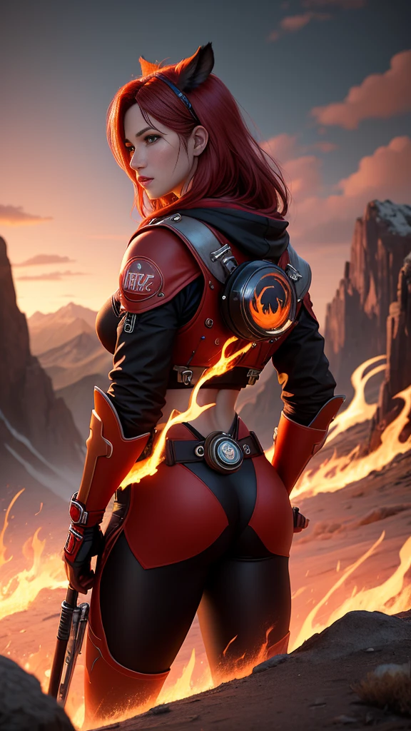 Realistic, personality: [Illustrate a vibrant scene showcasing the Aries zodiac symbol in bold red and fiery colors, radiating energy and strength. The background should feature a dynamic landscape, perhaps a mountainous terrain or an adventure-filled horizon, symbolizing the challenges an Aries person faces. The Aries symbol should be at the center, surrounded by subtle flames to emphasize its strong and determined essence] unreal engine, hyper real
