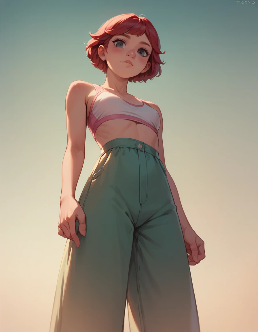 May Lee, Red hair, Tilt your head, cowboy shot, pink regatta ((short roxo)), marking, May Lee, 1 girl, standing alone, standing, view from below, gazing at viewer, all-body, pose, best quality, no flaws