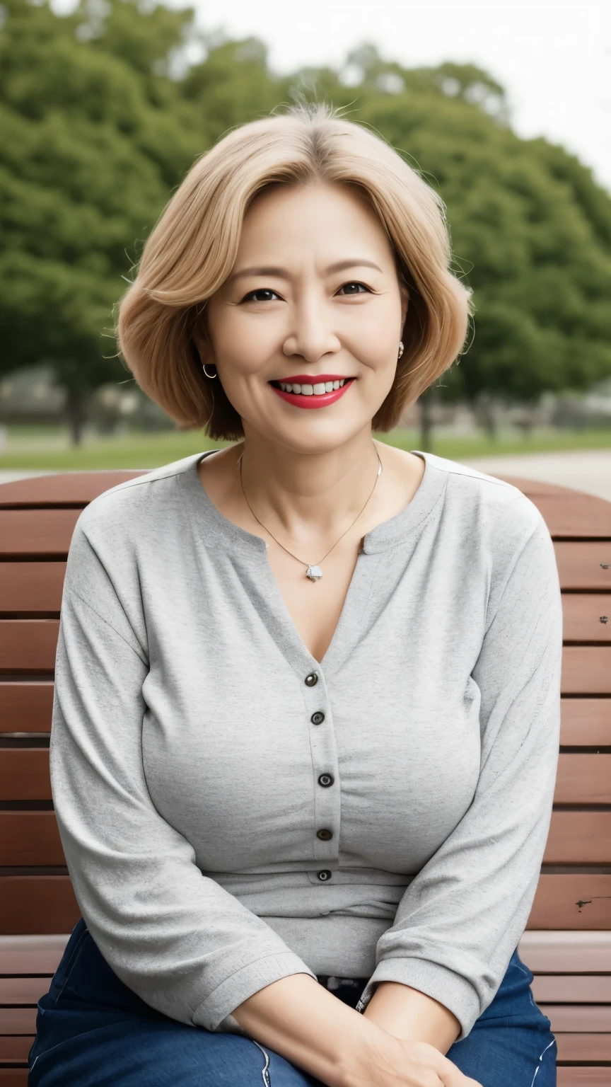 sitting on a park bench, Wrinkles around the eyes, Smiling with teeth showing, Plain short-sleeved clothing, senior citizen, Draw lips correctly, Red lipstick, No discomfort, 16K, Highest quality, Very detailed, Realistic, Very detailed肌, Japanese, alone, 60 years old, Large Breasts, , Glamour, sexy, , Staring straight ahead,