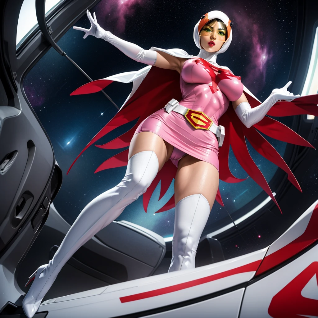 ANI_CLASSIC_jun_gatchaman_ownwaifu,1girl, ,good anatomy, masterpiece, best quality,realistic, hyperrealistic, 16k hdr, long hair,breasts,green eyes,lips,large breasts,lipstick,makeup,gloves,cape,helmet,belt,elbow gloves,white gloves,mask,ultra miniskirt,leotard,spacesuit,white tight overknee highheels boots,pink dress,superhero,bodysuit,cleavage,erected nipples,(sexy pose,from below:1.2),(spread legs:1.1),cameltoe