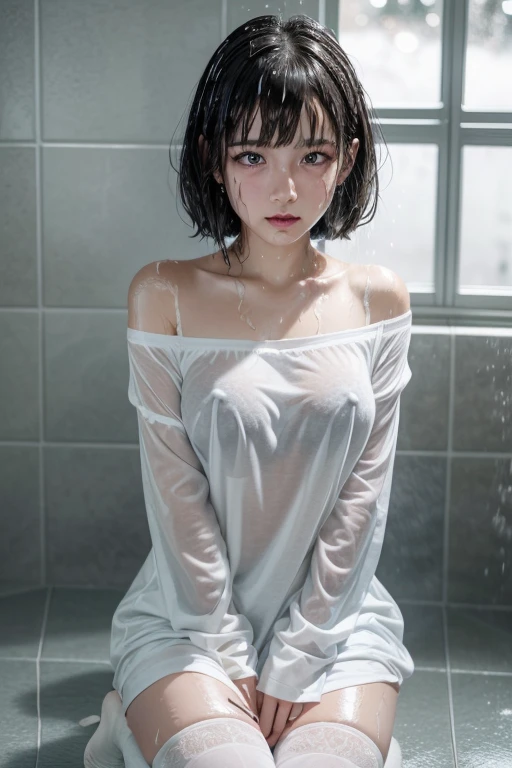 high quality, detailed,a girl with white water drops on her face.she is taking a shower,lots of white water droplets.(at night:2.0),green eyes.she is japanese bitch gal,prostitute,in the shower room,she has a mole under her eye,((smallest breasts:0.3)),(wearing long sleeve white oversized t-shirt dress,offshoulder,very very wet thin fabric shirt,),blunt bangs,((bob hair,very wet hair and wet face,shiny face)),((wearing overknee socks)),slender,face up,nipples,temptation,orgasm,