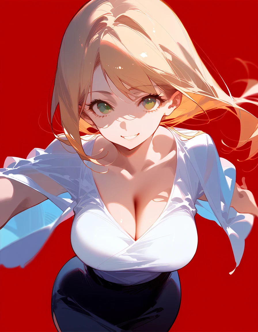 (score_9,score_8_up,score_7_up),1woman,solo,source_anime,mature,big sister,milf,middle age,blonde hair,green eyes,raised eyebrows,warm smile, warm eyes, wide hips, large breasts, bouncing breasts,cleavage, white shirt, mini blue skirt, dynamic pose, dynamic angle, sexy pose, dynamic, smile, looking at viewer, expressive, red background, simple background