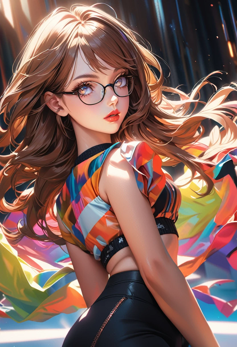 a young woman with glasses, brown hair, wearing a crop top and black leggings, beautiful detailed eyes, beautiful detailed lips, extremely detailed eyes and face, long eyelashes, photorealistic, 8k, high quality, hyper detailed, dynamic lighting, vivid colors, warm color palette, natural lighting, fashion photography, editorial style, clean background