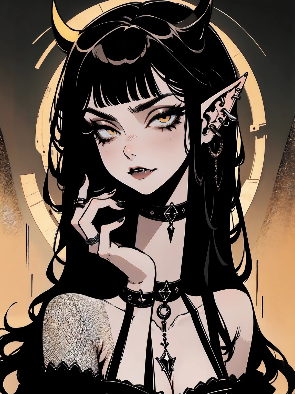 high détail, work of art, dramatic lighting(absurderes, high resolution, ultra detaild), extremely detailed 8k CG unit. mature face, adult Woman, Woman, mature Woman, elf, piercings, Short Wavy Black Hair and Bangs, (black hair), fangs, yellow eyes, modest black clothes, mad expression, whole body, sitting on the ground