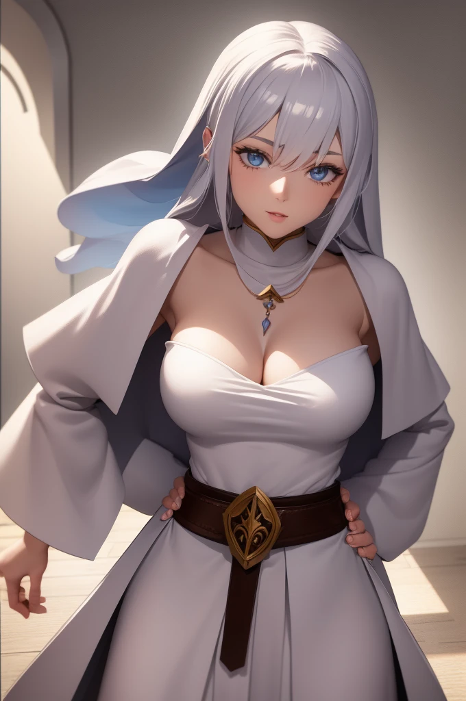 Fantasy RPG character, 26-year-old woman, White Mage, Healing magic user, Cleric, Angel, White robe, ((anime)), ((best qualtiy, 8K, tmasterpiece:1.3)), Focus:1.2, perfect figure beautiful woman:1.4, 1woman, cowboy shot, look at viewer, eyes facing the camera, incredibly absurd, beautiful and cute woman, showcasing top-quality craftsmanship, cute, neat,pretty