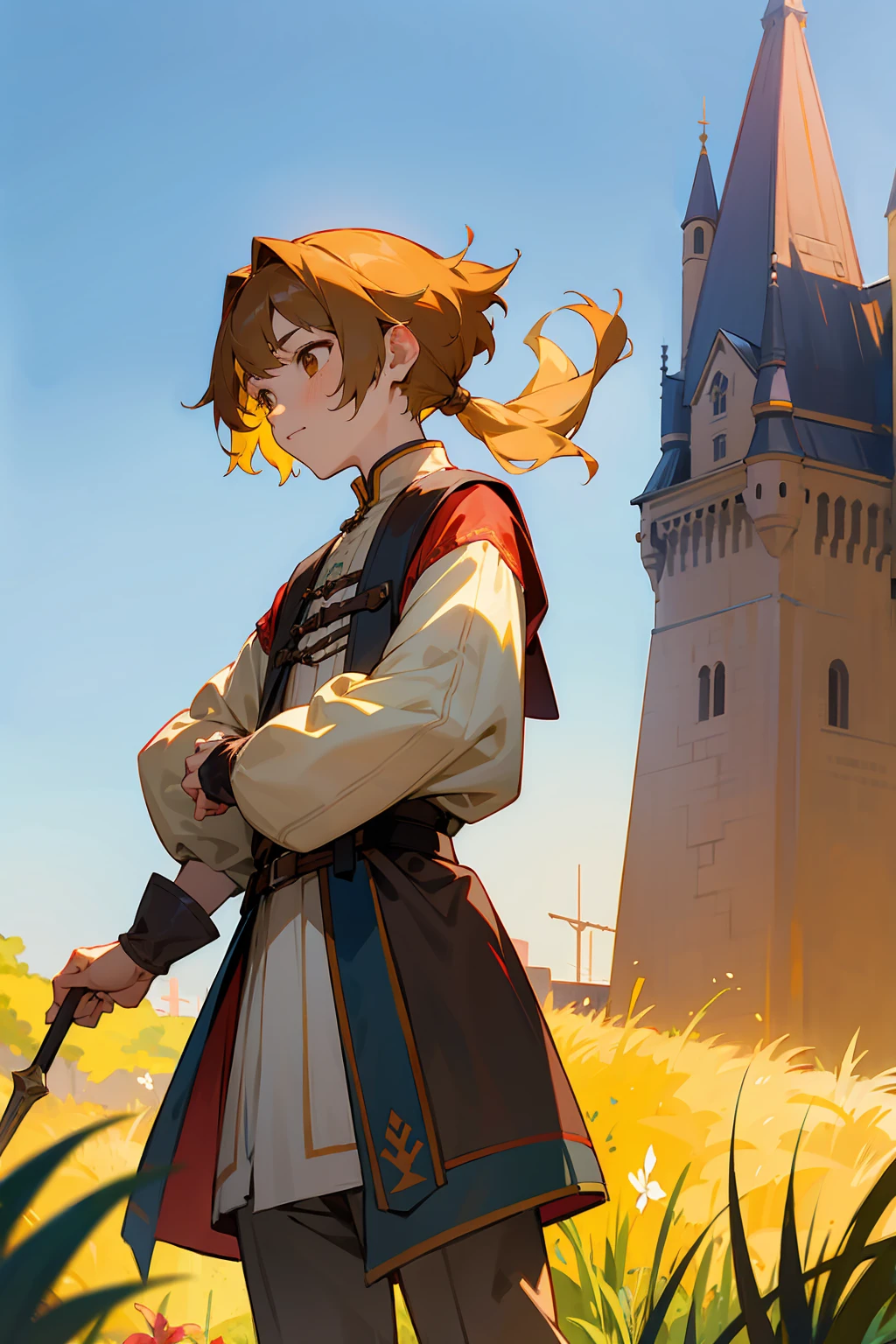 1male, Young Adult, Brown Eyes, Brown Hair, Inner Colored Yellow Hair, Multicolored Hair, Short Hair, Castle, Standing on Path, Sunny Day, Medieval Clothes, Ponytail