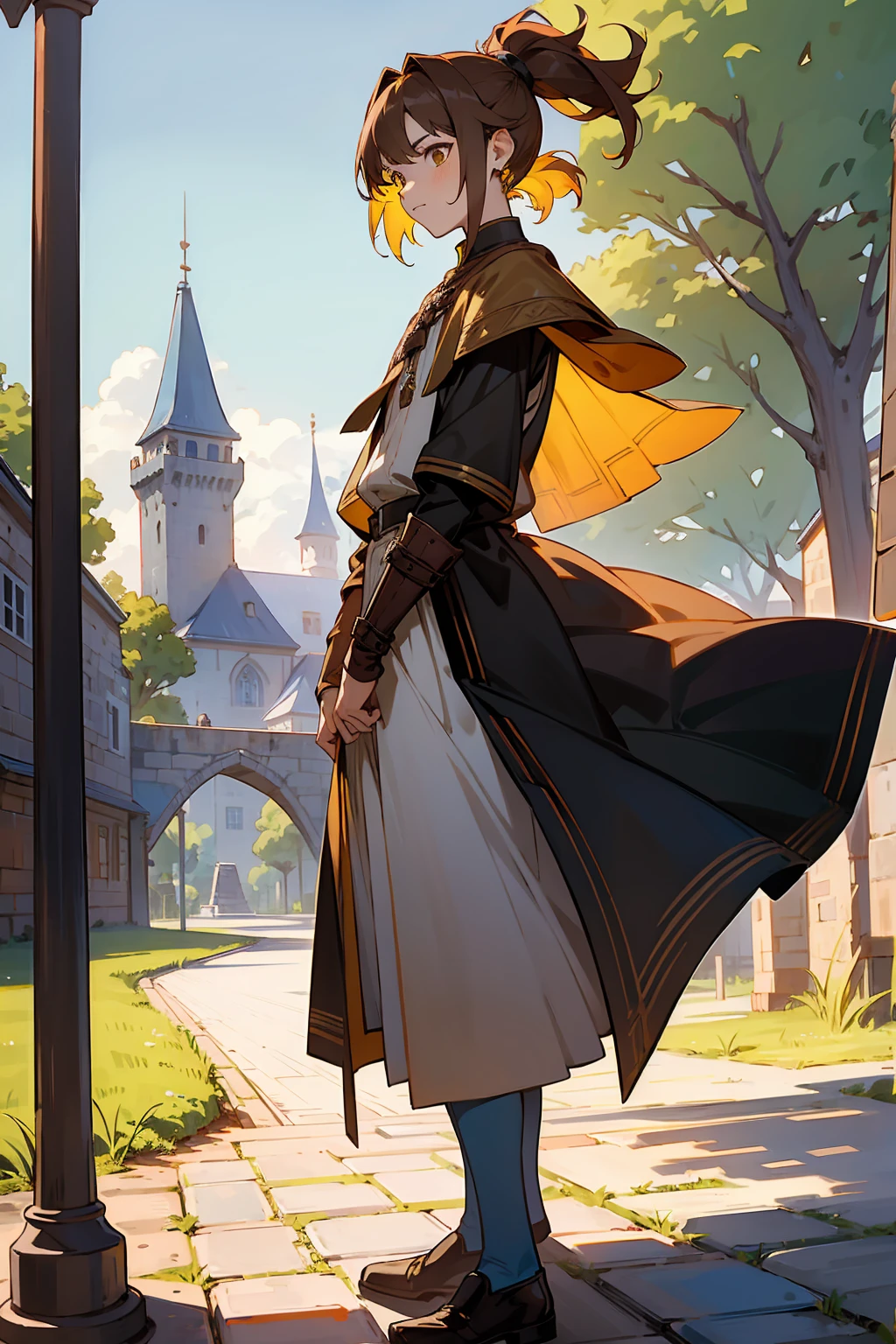 1male,  Adult, Brown Eyes, Brown Hair, Inner Colored Yellow Hair, Multicolored Hair, Short Hair, Castle, Standing on Path, Sunny Day, Medieval Clothes, Ponytail