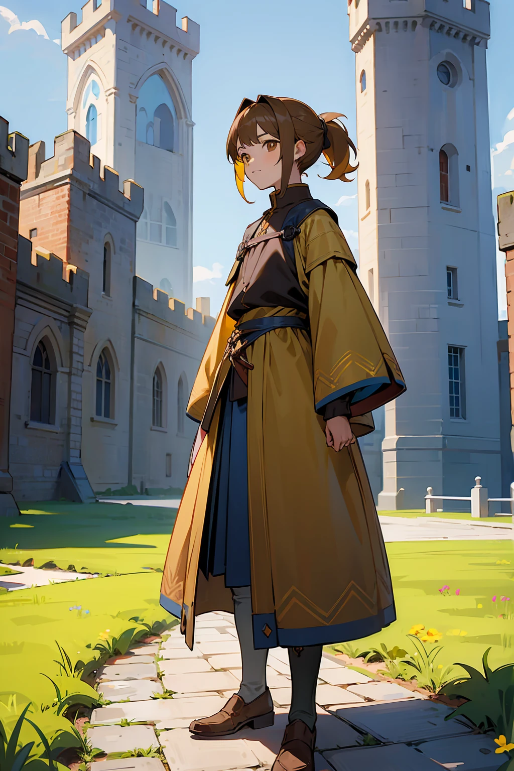 1male, Young Adult, Brown Eyes, Brown Hair, Inner Colored Yellow Hair, Multicolored Hair, Short Hair, Castle, Standing on Path, Sunny Day, Medieval Clothes, Ponytail