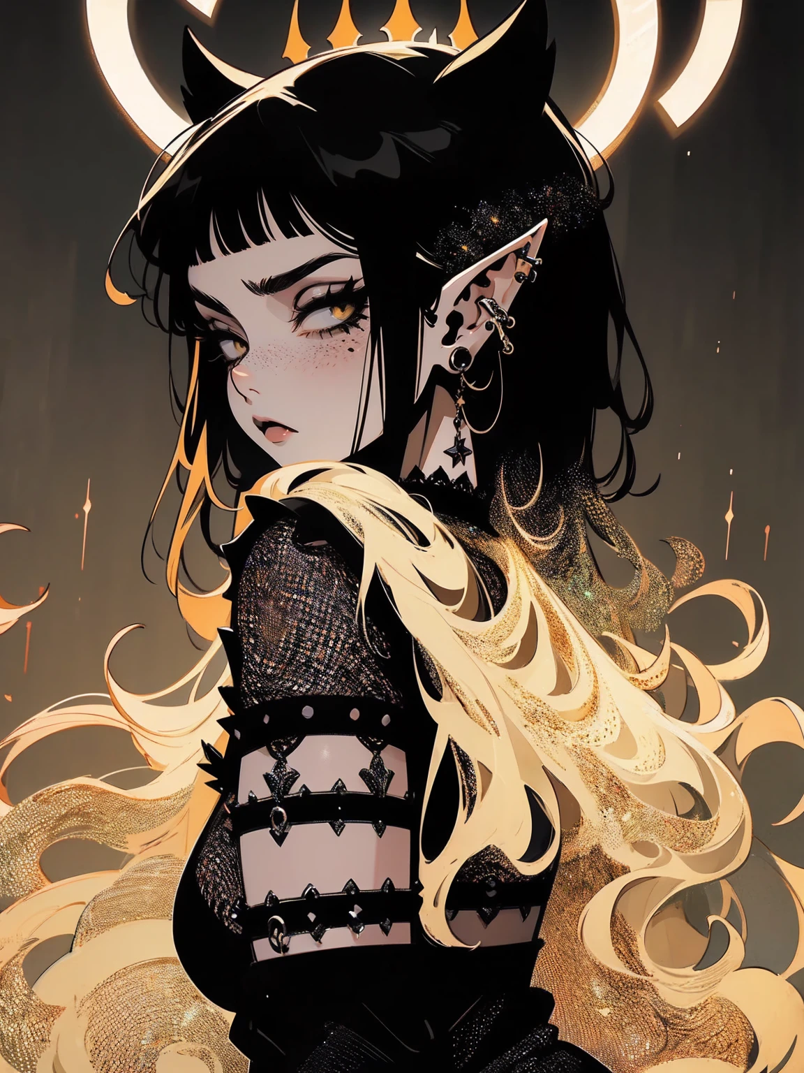 high détail, work of art, dramatic lighting(absurderes, high resolution, ultra detaild), extremely detailed 8k CG unit. mature face, adult Woman, Woman, mature Woman, elf, piercings, Short Wavy Black Hair and Bangs, (black hair), fangs, freckles, yellow eyes, modest black clothes, mad expression, whole body, backwards, looking back