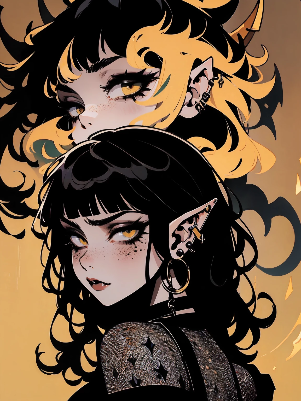 high détail, work of art, dramatic lighting(absurderes, high resolution, ultra detaild), extremely detailed 8k CG unit. mature face, adult Woman, Woman, mature Woman, elf, piercings, Short Wavy Black Hair and Bangs, (black hair), fangs, freckles, yellow eyes, modest black clothes, mad expression, whole body, backwards, looking back