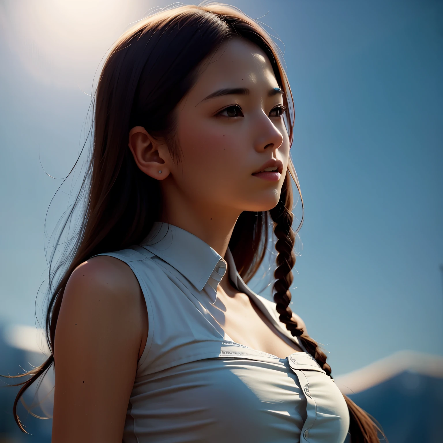 (((Misako Renbutsu)))Beautiful Young Female ((Twin Braids cover the bust)) (at Dusk City Street), extremely delicate and beautiful,Outstanding light and shadow, Professional portrait (Face Closeup from below), Semi-nude photography, backlighting, ((Unbuttoned White Shirt with beltbra)) Skinny Shorts, {(Tyndall effect)|lens flare|Shade|bloom|[chromatic aberration]} (Oodles Blurred Colorful Lights (Starry particles)), (TopQuality Masterpiece of 8K Ultra-detailed DigitalPainting (by Jeremy Lipking))