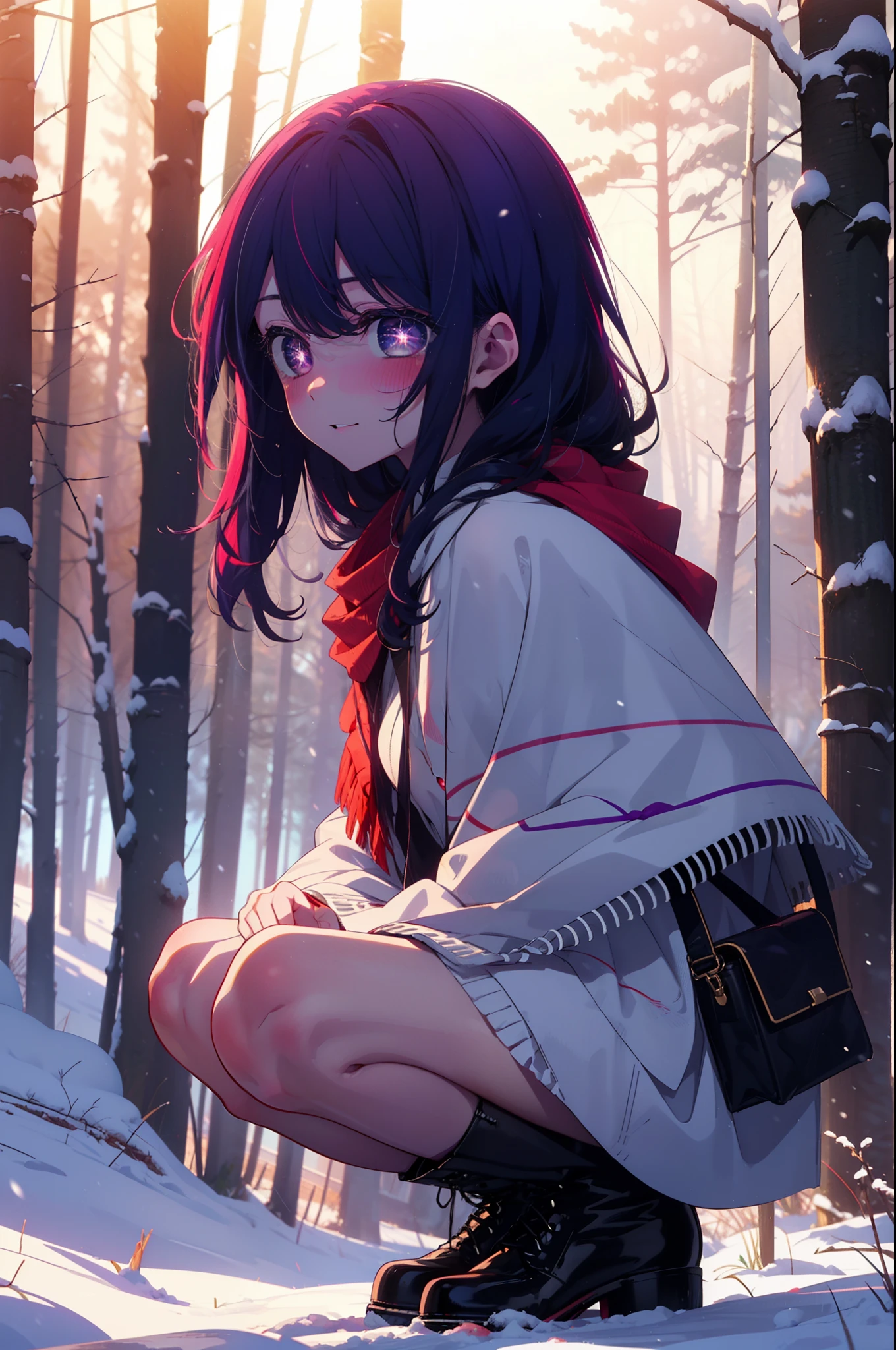 aihoshino, Ai Hoshino, Long Hair, bangs, (Purple eyes:1.1), Purple Hair, (Symbol-shaped pupil:1.5), smile,,smile,blush,white breath,
Open your mouth,snow,Ground bonfire, Outdoor, boots, snowing, From the side, wood, suitcase, Cape, Blurred, , forest, White handbag, nature, Squat, Mouth closed, Cape, winter, Written boundary depth, Black shoes, red Cape break looking at viewer, Upper Body, whole body, break Outdoor, forest, nature, break (masterpiece:1.2), Highest quality, High resolution, unity 8k wallpaper, (shape:0.8), (Beautiful and beautiful eyes:1.6), Highly detailed face, Perfect lighting, Extremely detailed CG, (Perfect hands, Perfect ???????),