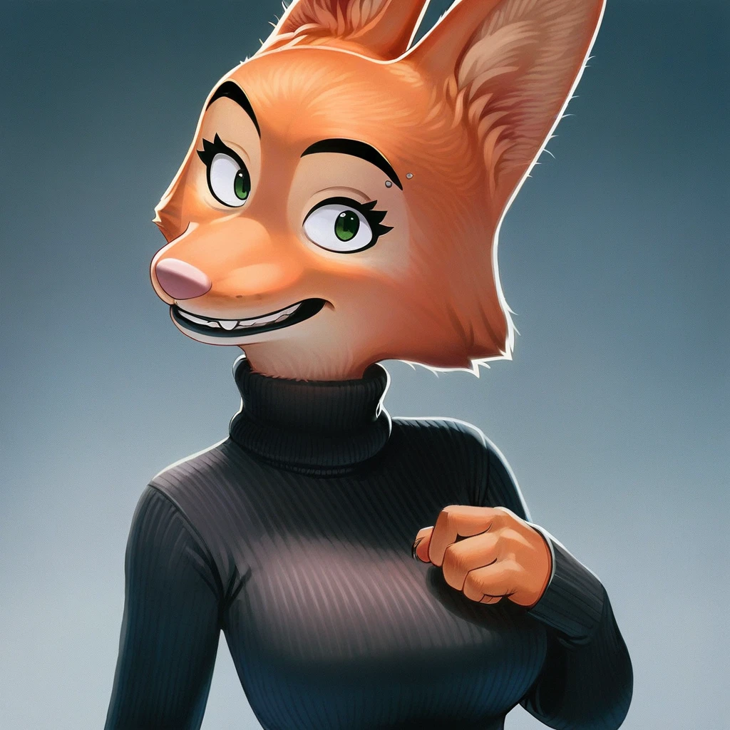 account_9, account_8_ex, account_7_ex, account_6_ex, account_5_ex, account_4_ex, diana_foxington, fox, Ginger fur, Emerald eyes, black lipstick, sharp black eyebrows, silver eyebrow piercing, dusty pink nose, black eyelashes, 5 fingers, perfect tail arrangement,(((black knitted ribbed turtleneck dress with Long Sleeves))),pumped up,very big breasts, Grinning,fox teeth,looking at the viewer