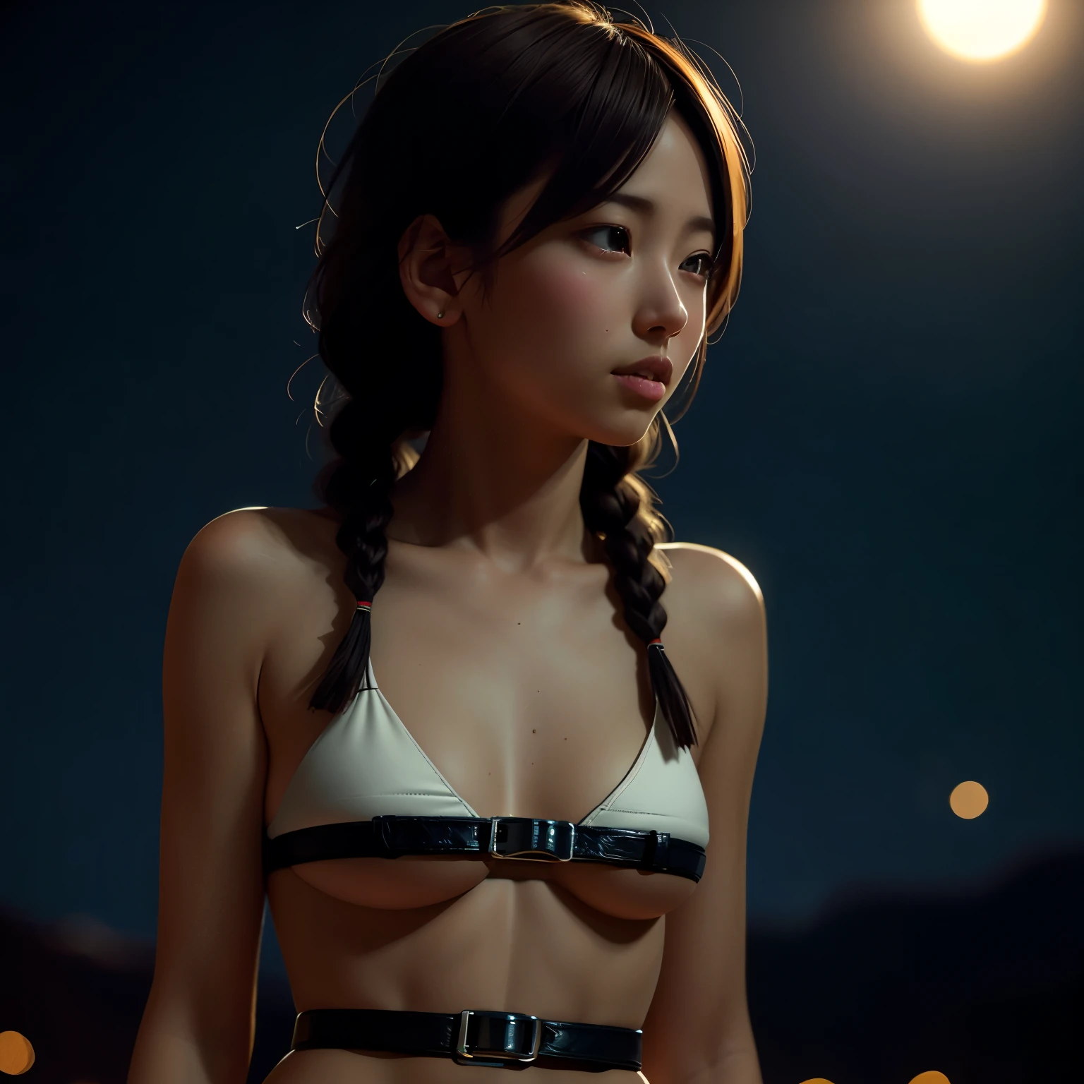 (((Misako Renbutsu)))Beautiful Young Female ((Twin Braids cover the bust)) (at Dusk City Street), extremely delicate and beautiful,Outstanding light and shadow, Professional portrait (Face Closeup from below), Semi-nude photography, backlighting, ((Unbuttoned White Shirt with beltbra)) Skinny Shorts, {(Tyndall effect)|lens flare|Shade|bloom|[chromatic aberration]} (Oodles Blurred Colorful Lights (Starry particles)), (TopQuality Masterpiece of 8K Ultra-detailed DigitalPainting (by Jeremy Lipking))